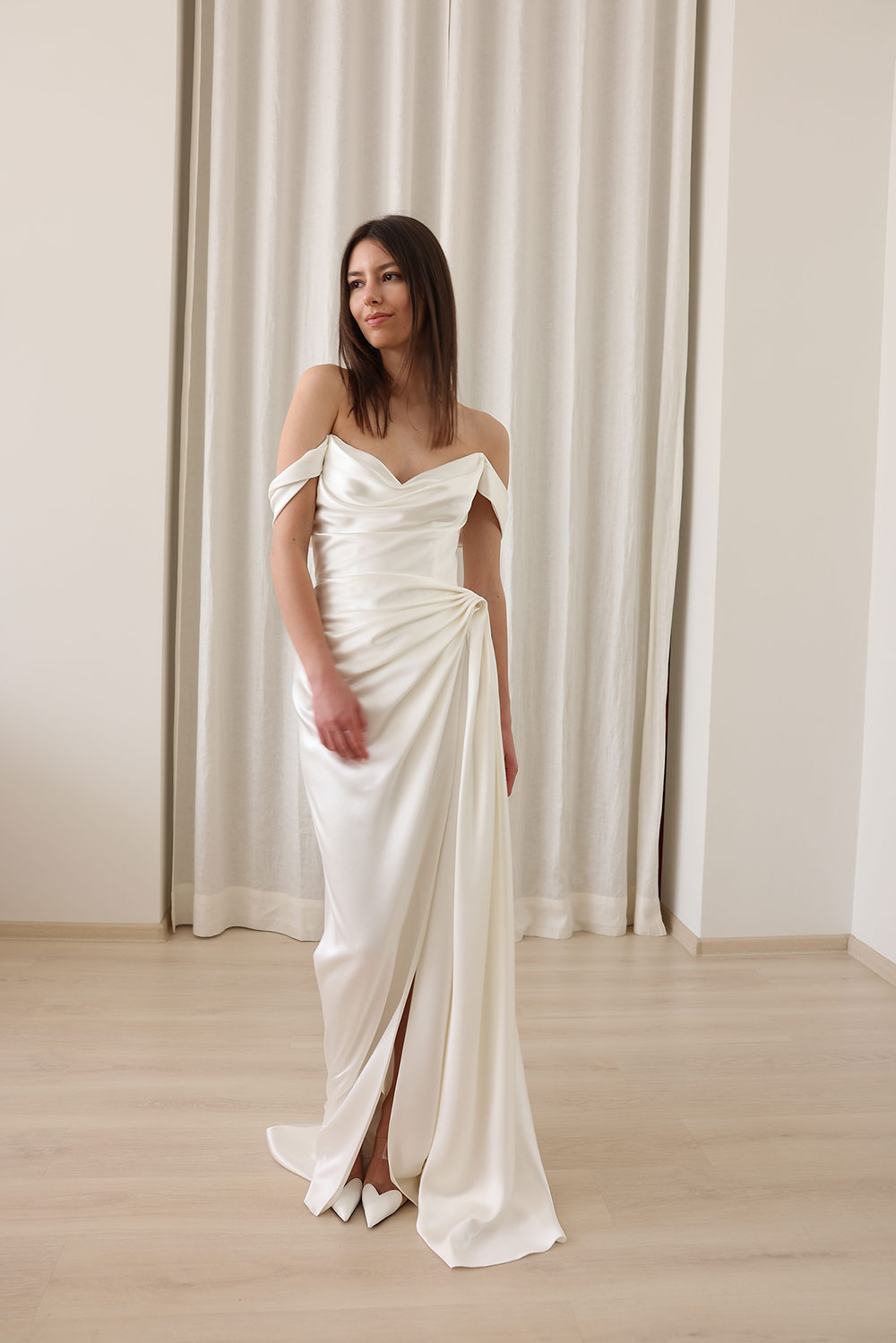 Danielle off the shoulder silk wedding dress from Divine Atelier