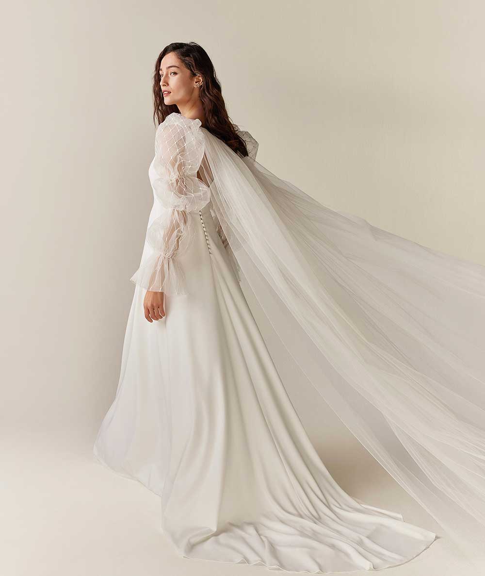 Jesus Peiro 2530 simple wedding dress with puff sleeve opera coat