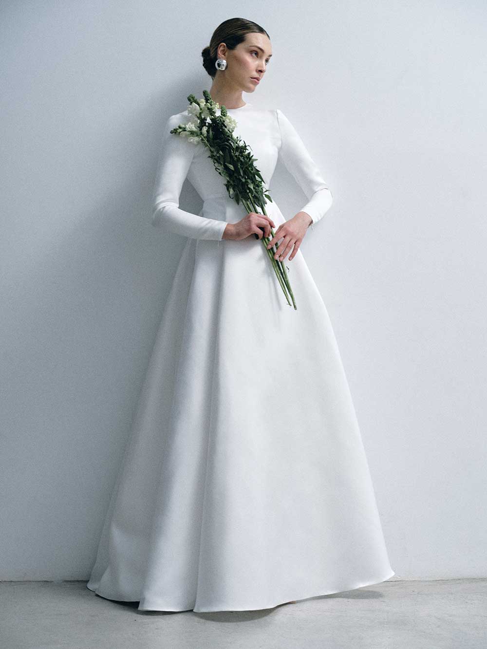 Sophie et Voila Karmen high neck long sleeve Duchess satin Wedding Dress, Miss Bush bridal boutique, Surrey & London