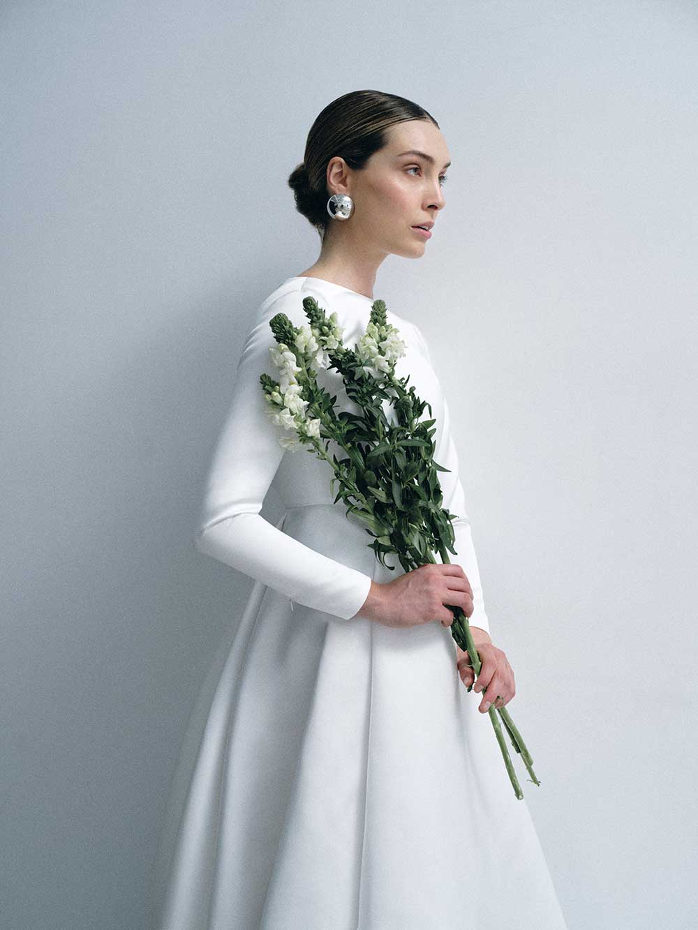 Sophie et Voila Karmen high neck long sleeve Duchess satin Wedding Dress, Miss Bush bridal boutique, Surrey & London