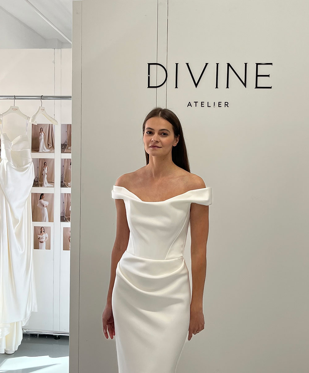 Kaya off the shoulder silk wedding dress from Divine Atelier