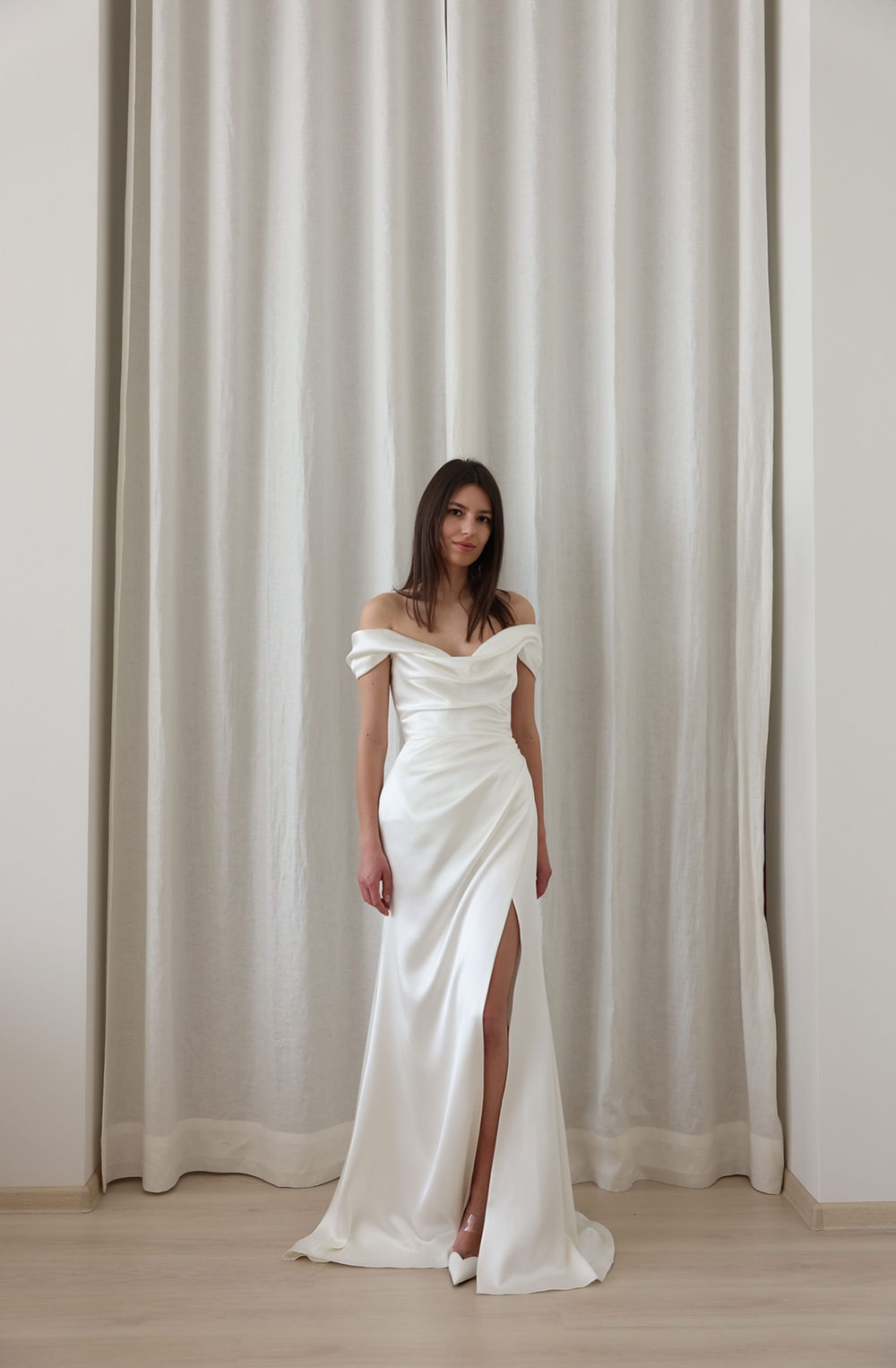 Sara off the shoulder silk wedding dress from Divine Atelier