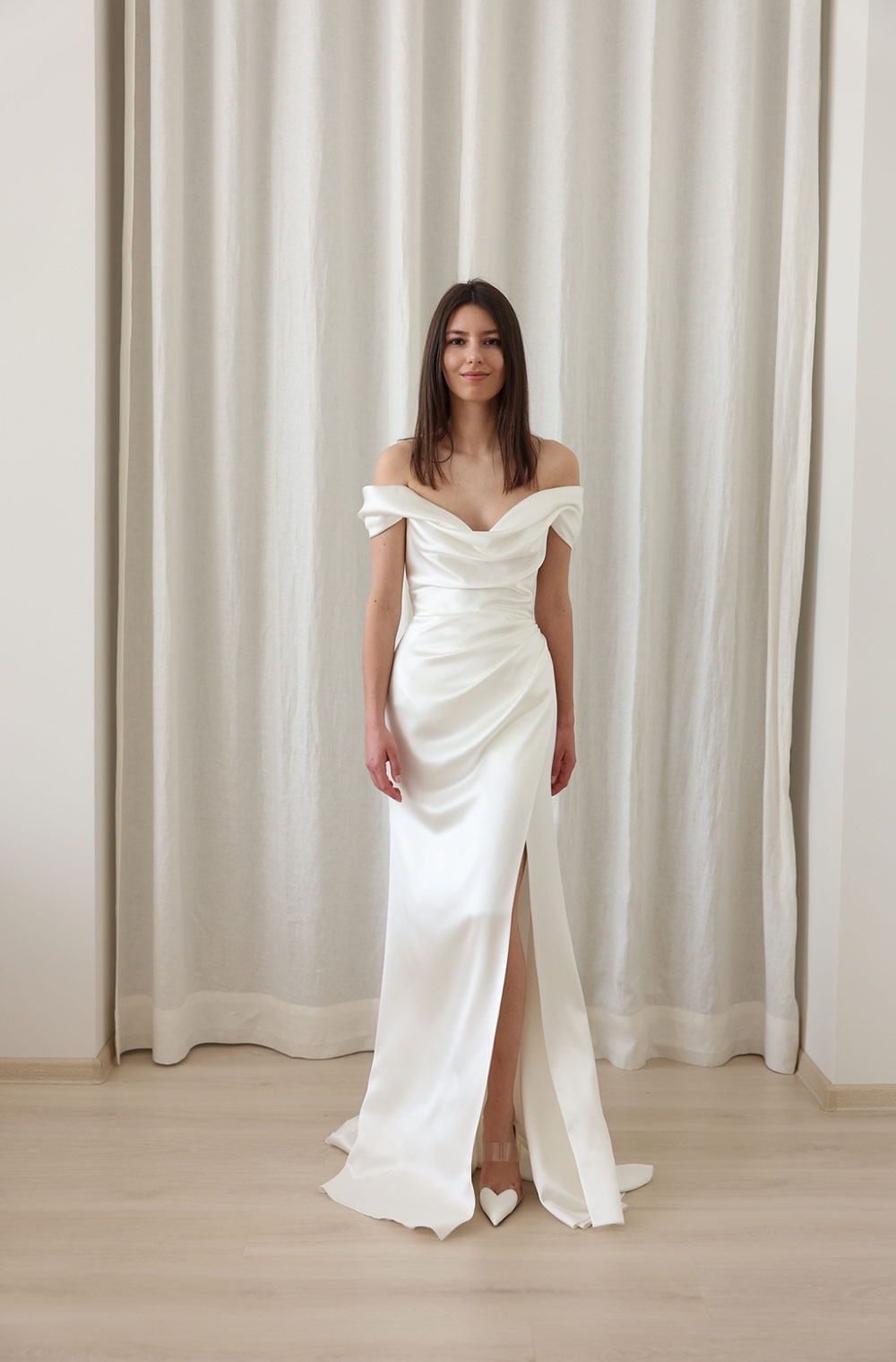 Sara off the shoulder silk wedding dress from Divine Atelier