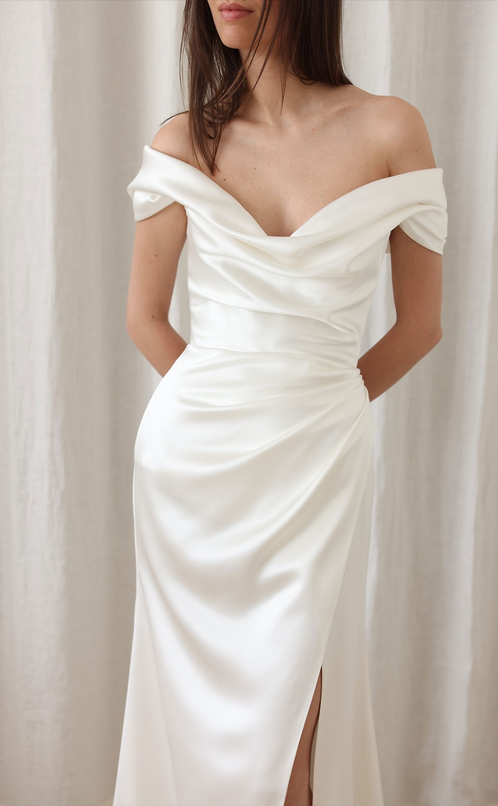 Sara off the shoulder silk wedding dress from Divine Atelier